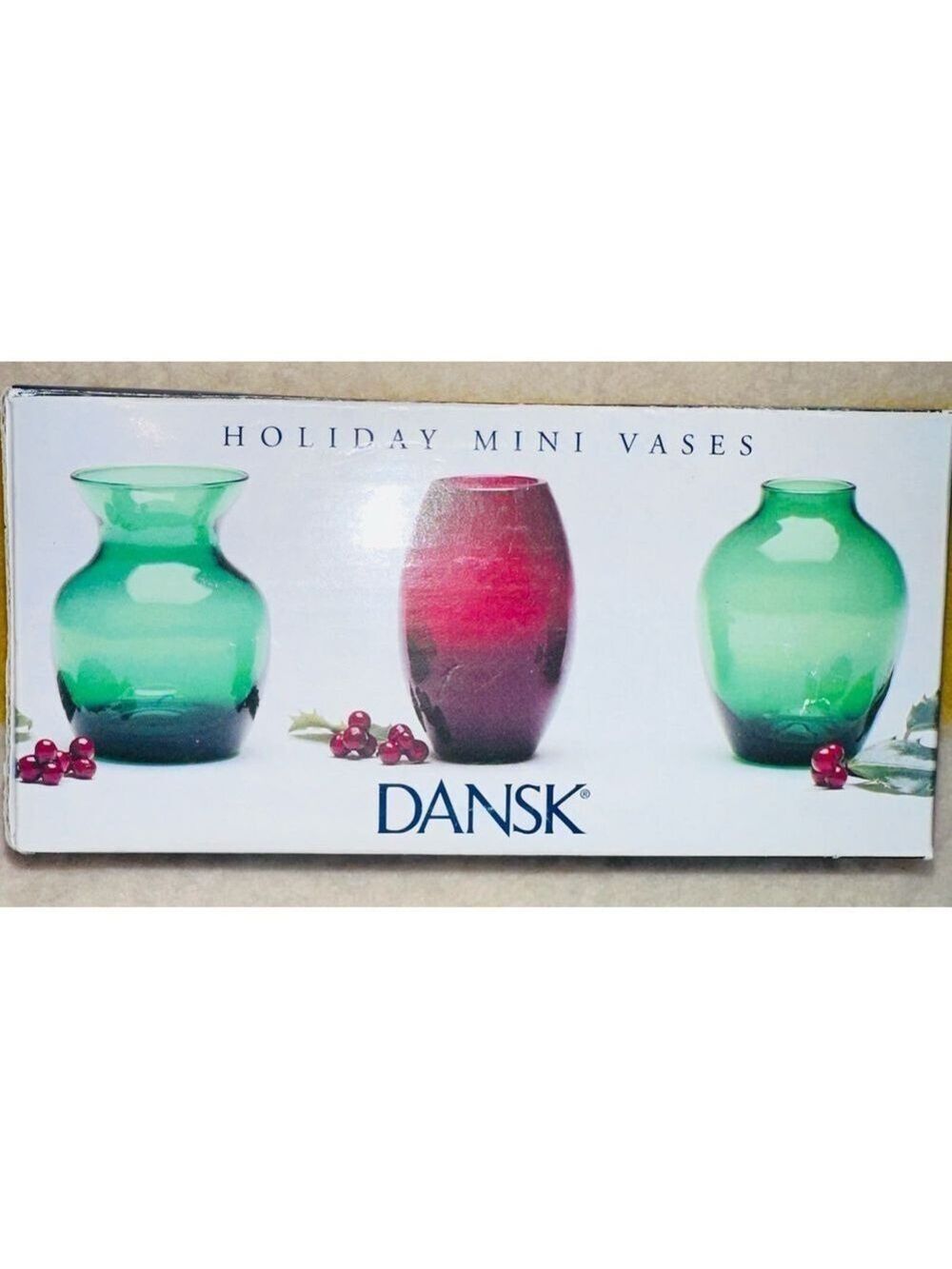 NIB Dansk Christmas Holiday Glass Mini Vases